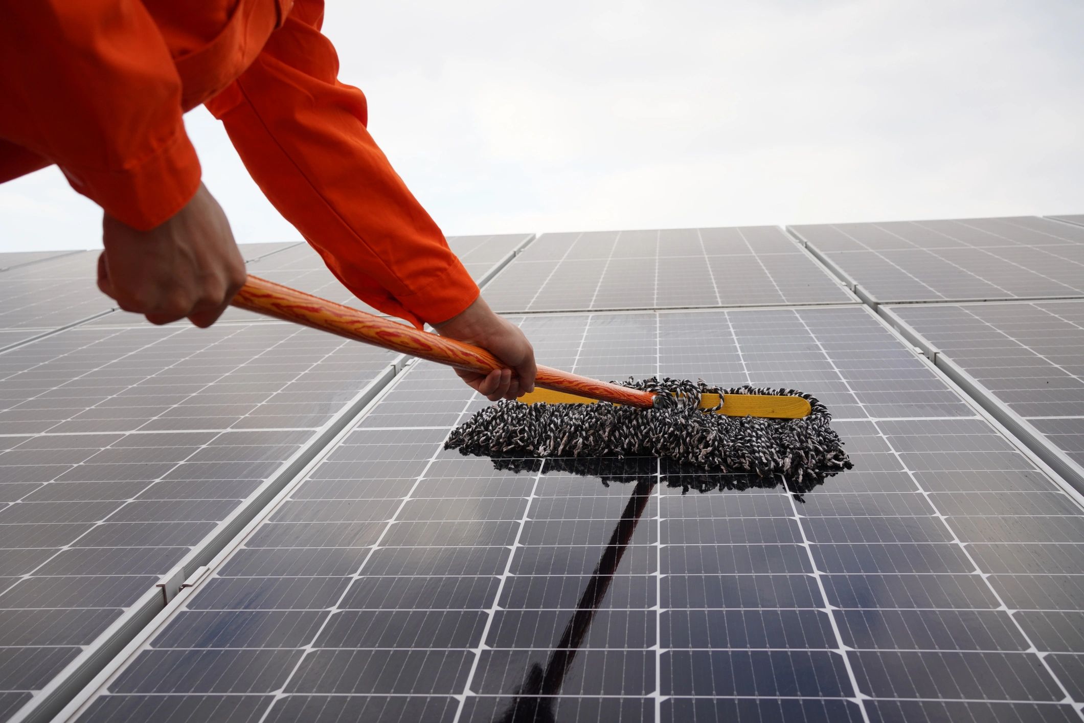 Technician cleaning solar panels